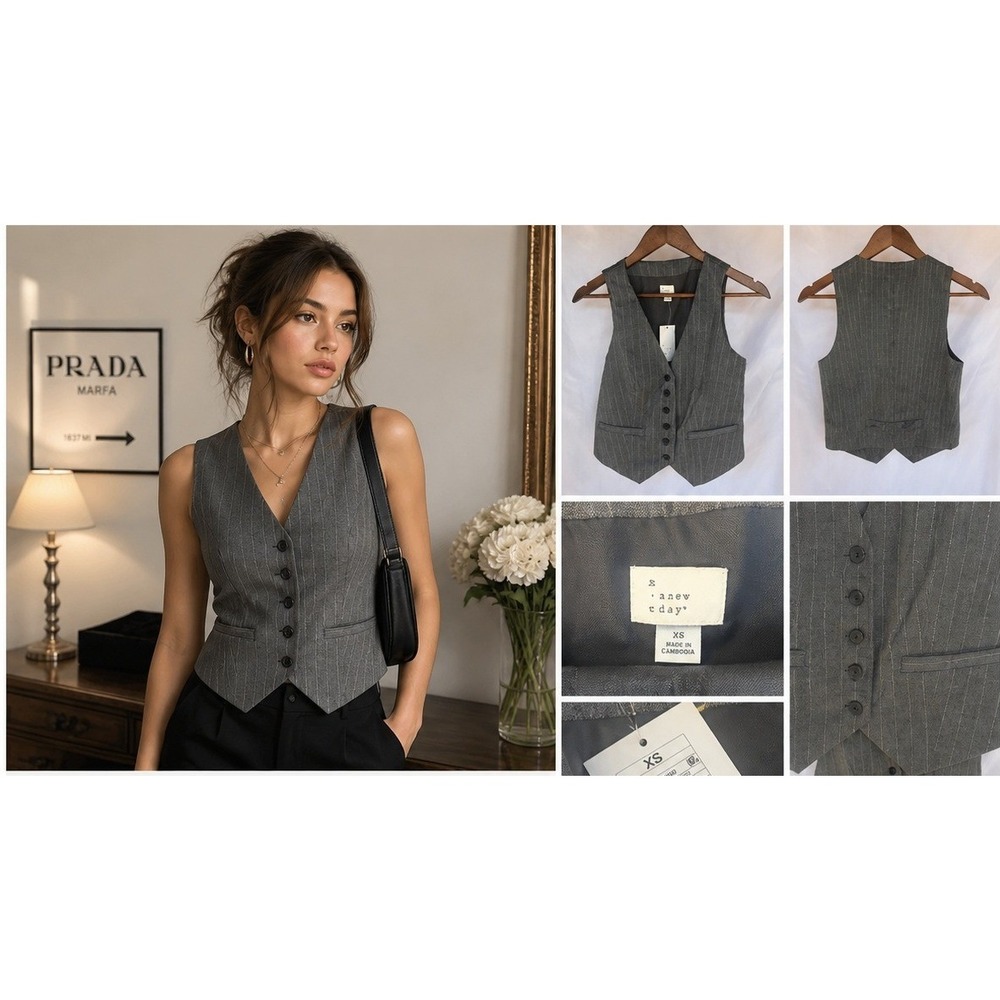 Dark Academia Pinstripe Tailored Vest Womens XS Gray Office Siren Preppy NWT